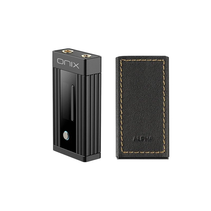 ONIX Alpha XI1 standing upright next to the black leather case with yellow stitching