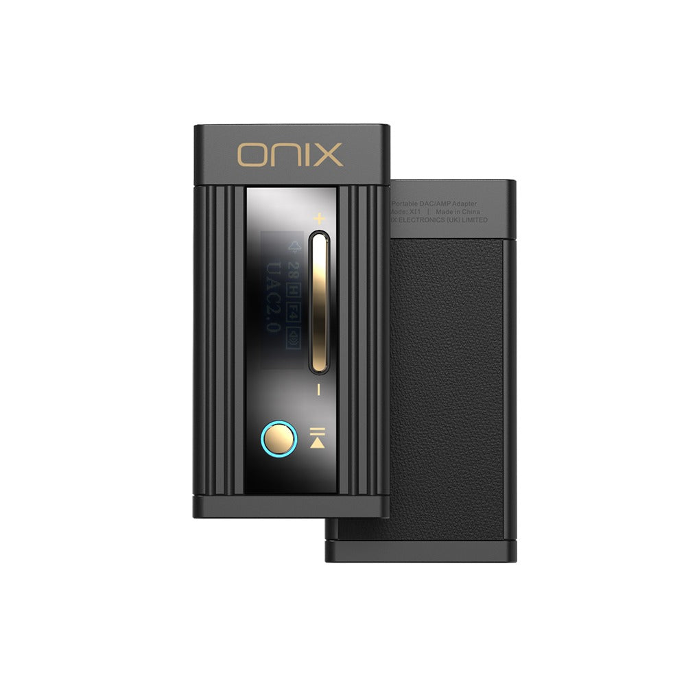 ONIX Alpha XI1 portable USB DAC headphone amplifier beside its optional black leather protective case