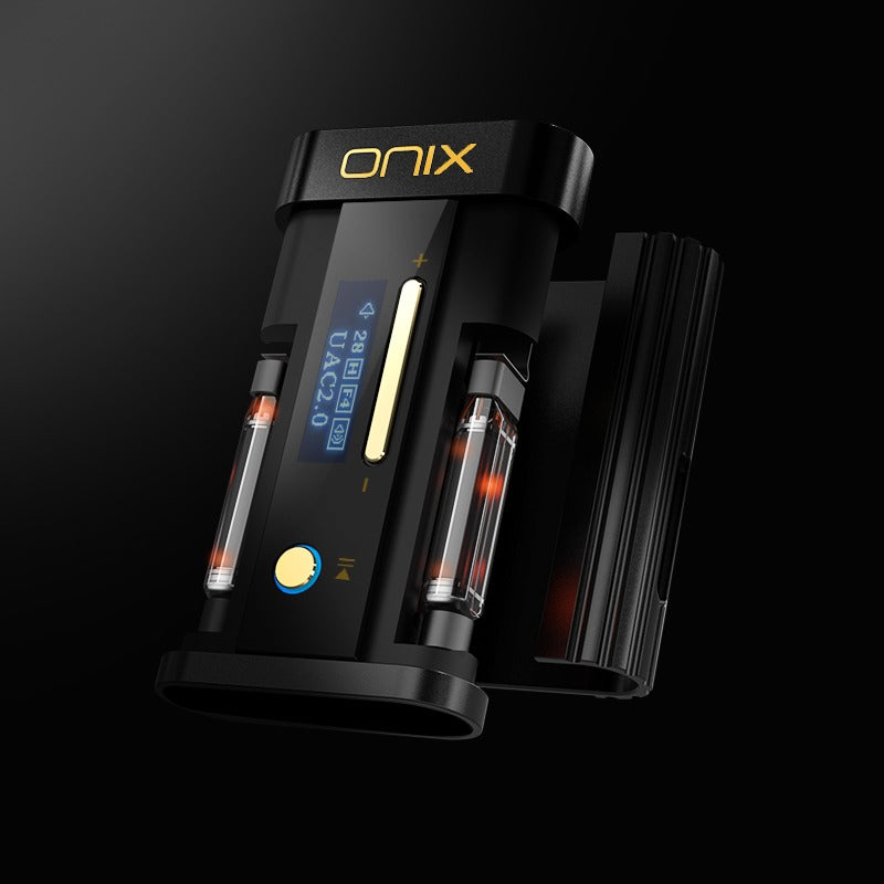 ONIX Beta XI2 front close-up on a black background with the dual JAN6418 tubes lit