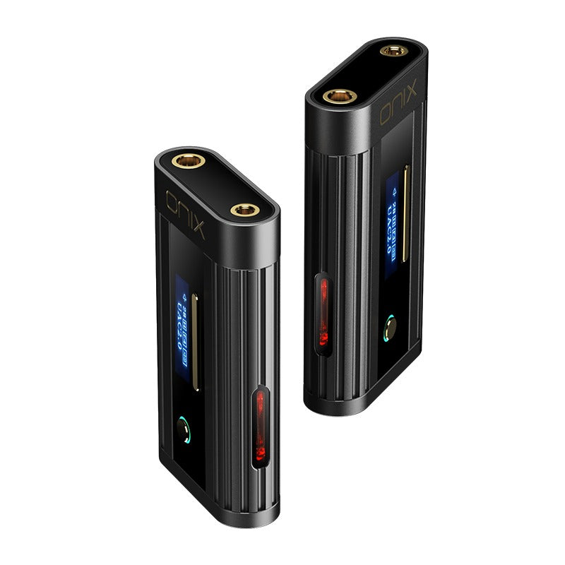ONIX Beta XI2 USB dongle DAC shown as two angled units with the display and glowing tube windows