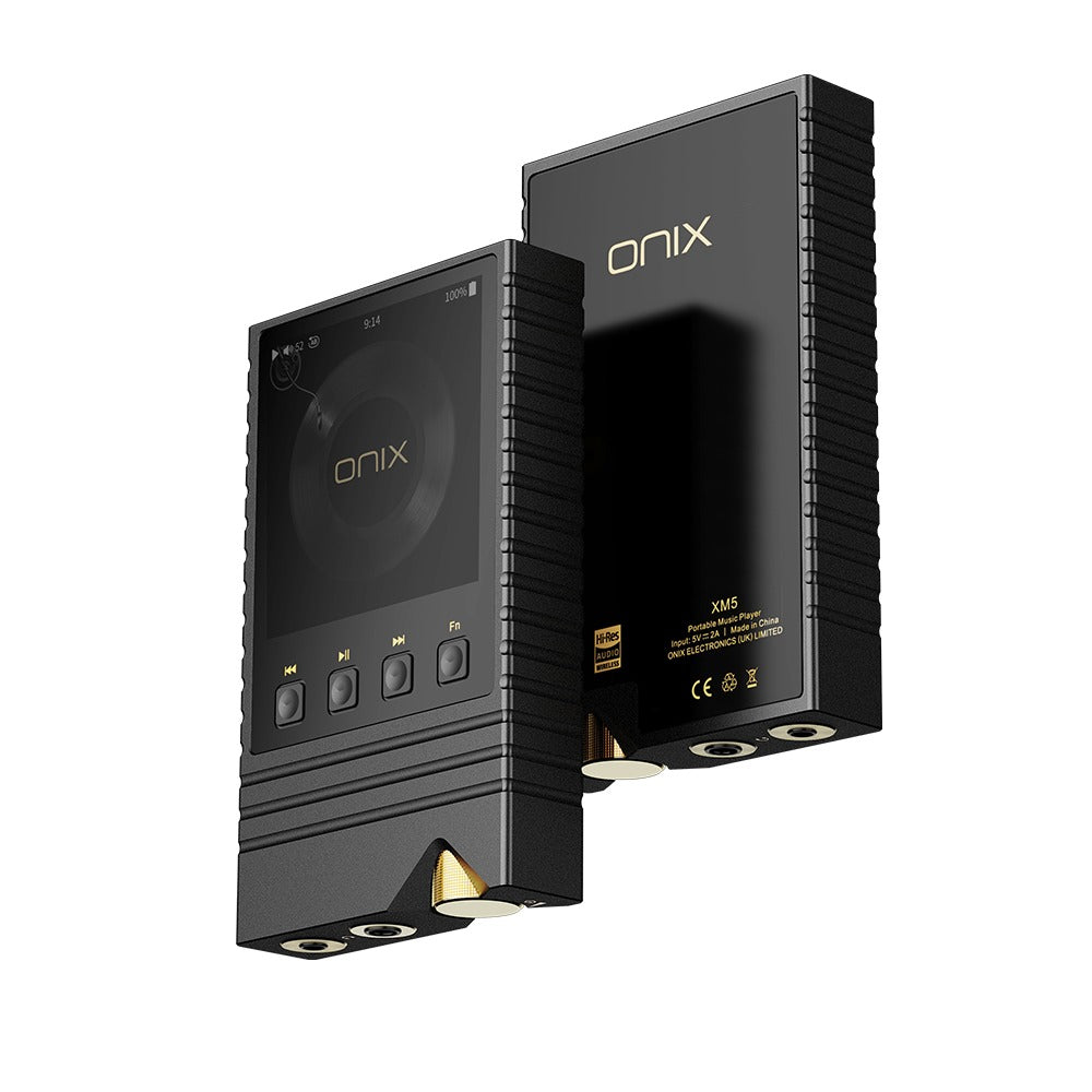 ONIX Overture XM5 portable player front screen and rear panel showing the ONIX branding and Hi-Res badge