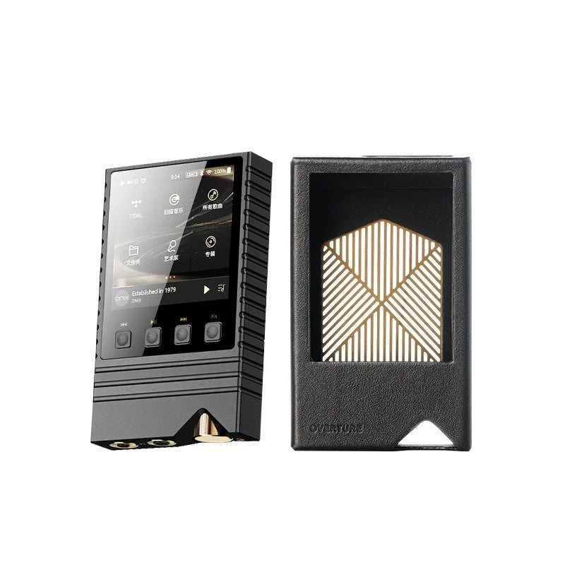 ONIX Overture XM5 portable player next to its Nappa leather case