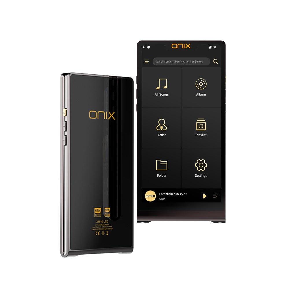 ONIX Waltz XM10 portable player front screen and rear panel showing the XM10 LTD branding and Hi-Res badges