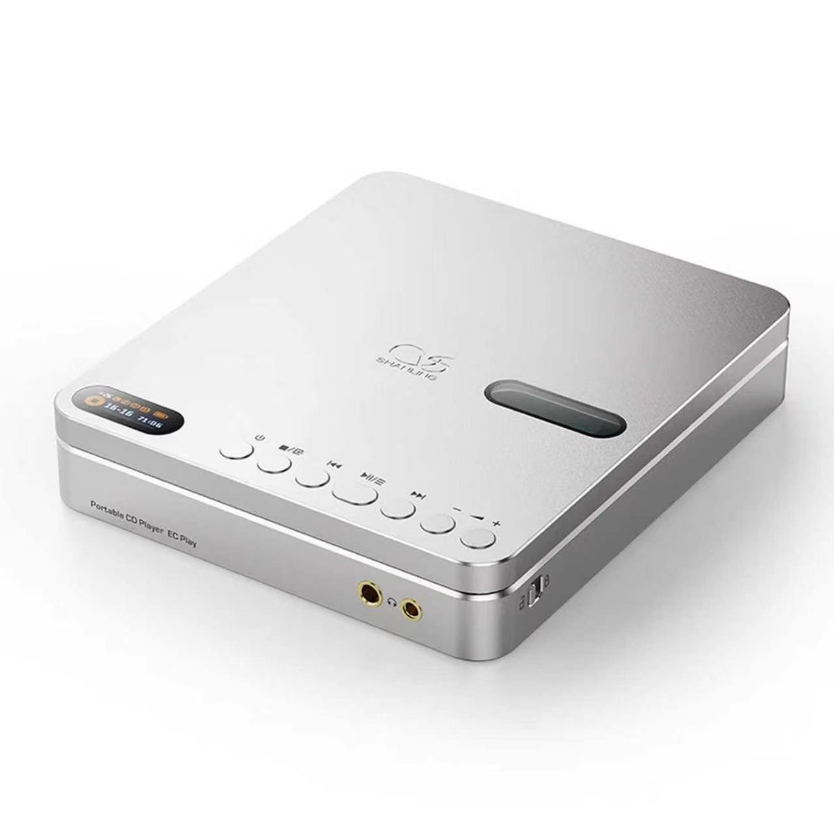 Shanling EC Play portable CD player in Moonlight Silver, angled view showing the display and controls