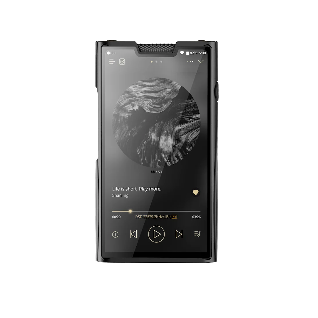 Shanling M8T Android portable player black front view with the screen playing a DSD track