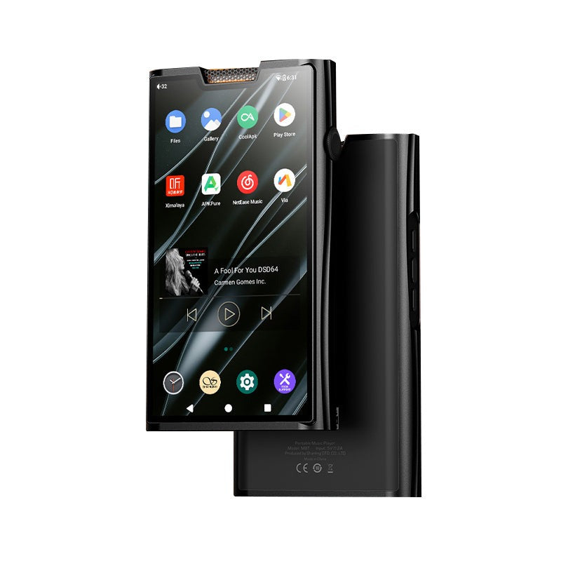 Shanling M8T Android portable player front view showing the open Android interface and leather case