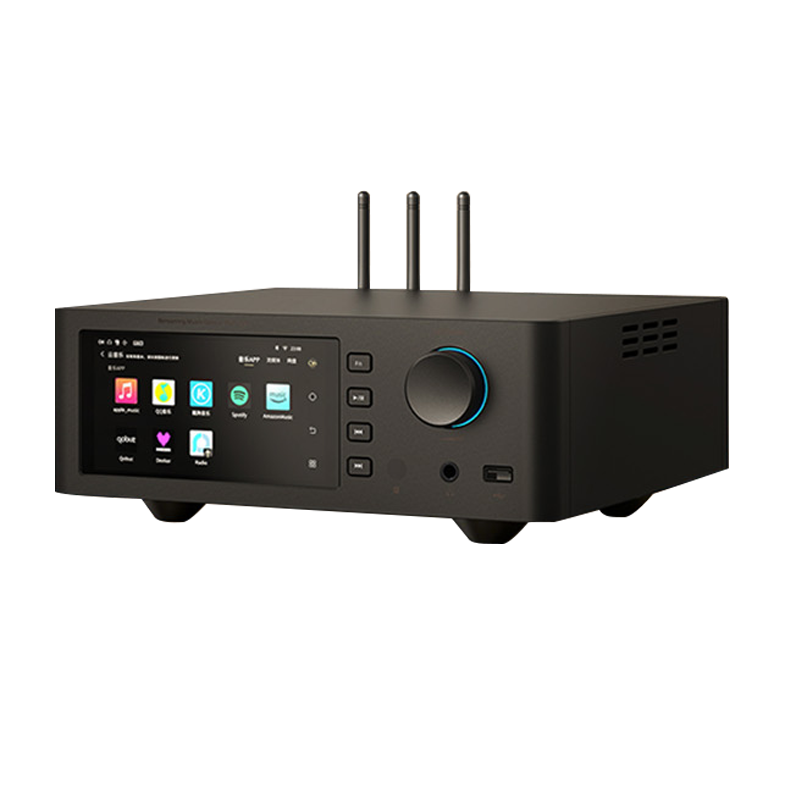 Shanling SM1.3R black angle view with streaming apps displayed on the touch screen