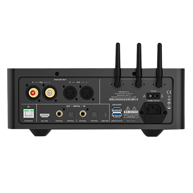 Shanling SM1.3R rear panel with RCA and XLR outputs, I2S, coaxial, optical, USB, LAN and AC input