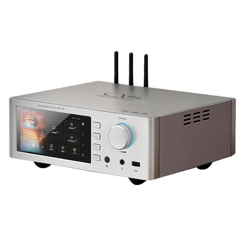 Shanling SM1.3R silver angle view showing the 5.8-inch 1080p Sharp touch screen